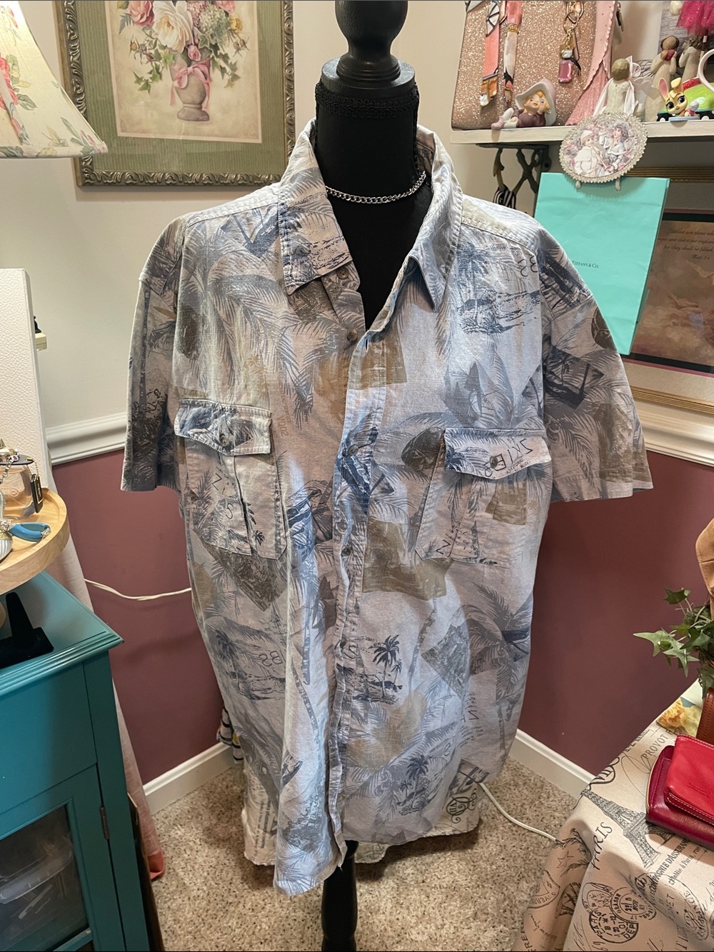 Route 66 Men’s Casual Button-Down Shirt in Light Blue and Navy Print